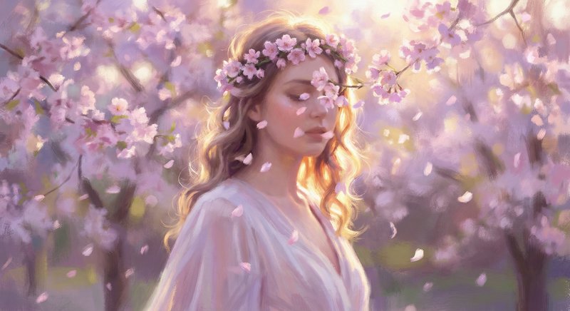 Woman in a pastel dress with a flower crown among pink blossoms, petals drifting around.