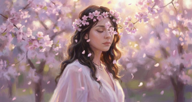 Woman with a pink flower crown among pastel spring blossoms in a dreamy, serene setting.