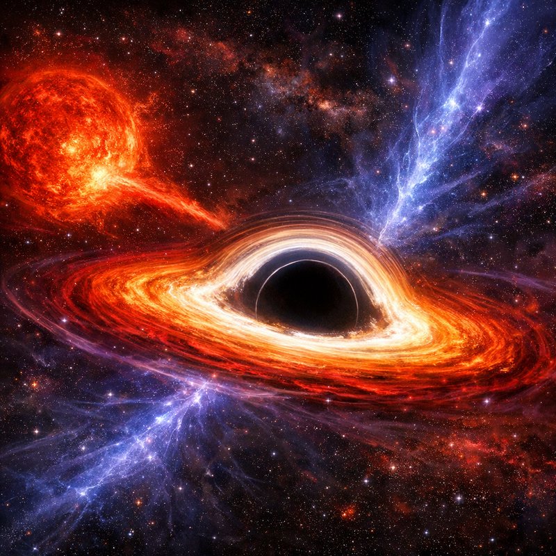 Black hole with glowing orange accretion disk and purple-blue jets in deep space