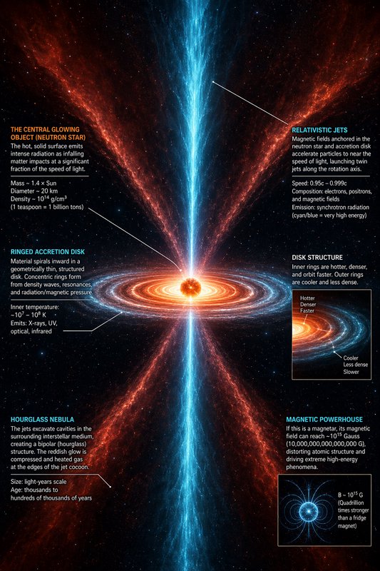 A vibrant space infographic of a black hole with glowing accretion disk and twin relativistic jets.