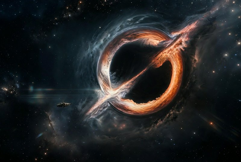 Artistic depiction of a glowing torus black hole with an fiery accretion disk in deep space.