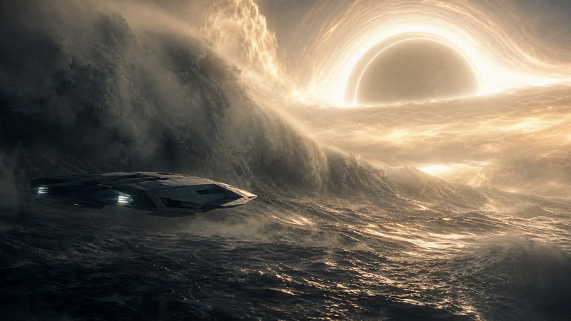 Futuristic spaceship gliding over dark ocean waves toward a glowing ringed portal in the sky.