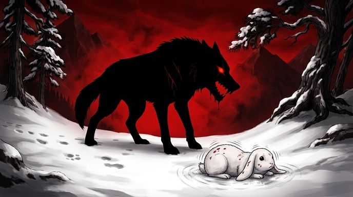 Dark wolf silhouette with red eyes stalking a white rabbit in a snowy forest.