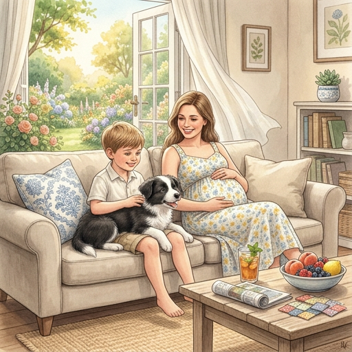 Pregnant woman on a sofa with a smiling boy and a black-and-white puppy in a bright, cozy living room.