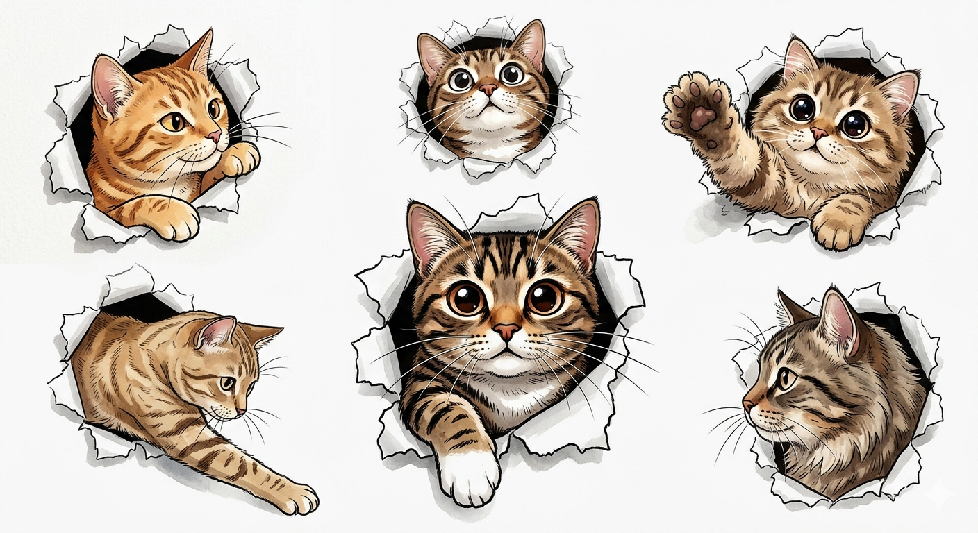 Six cartoon kittens peeking through torn paper holes on a white background.