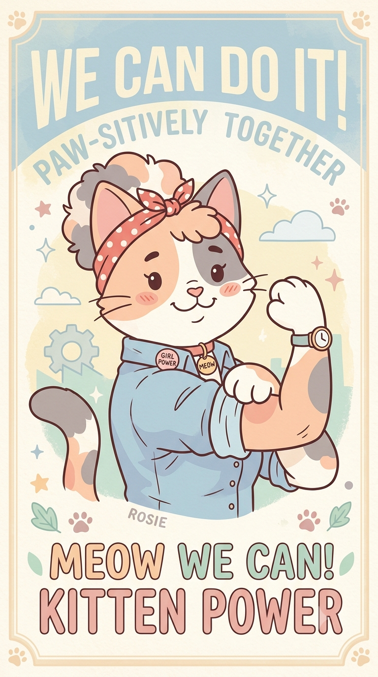 Cartoon cat girl flexing her arm in a retro "We Can Do It" style poster.