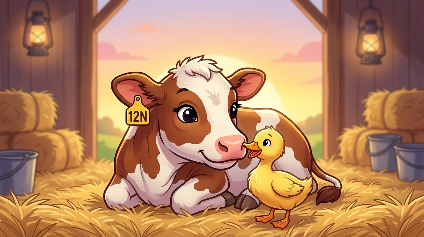 Cartoon cow and duckling in a cozy barn with hay and warm sunset lighting