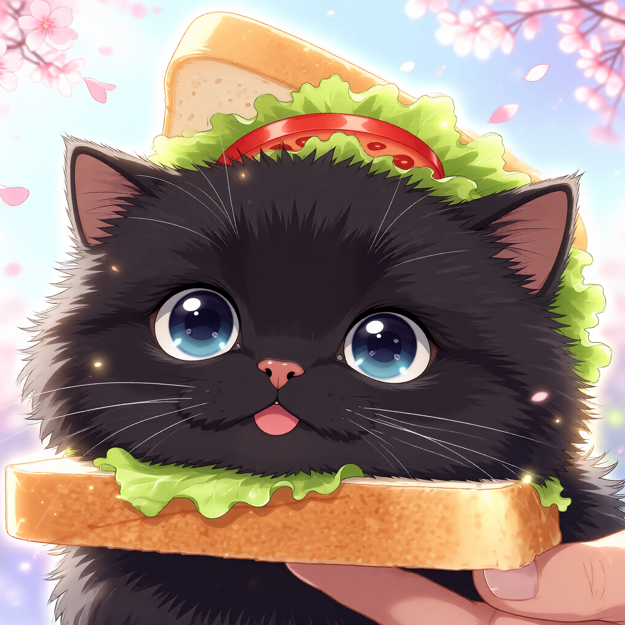Fluffy black kitten with big blue eyes playfully sandwiched between bread under cherry blossom branches