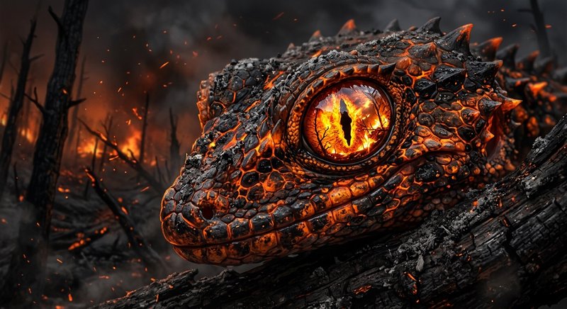 Close-up of a molten lava dragon's eye on charred, volcanic scales.