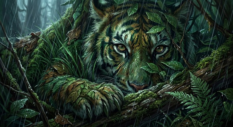 Close-up tiger hiding in rainy jungle, eyes piercing through lush leaves.