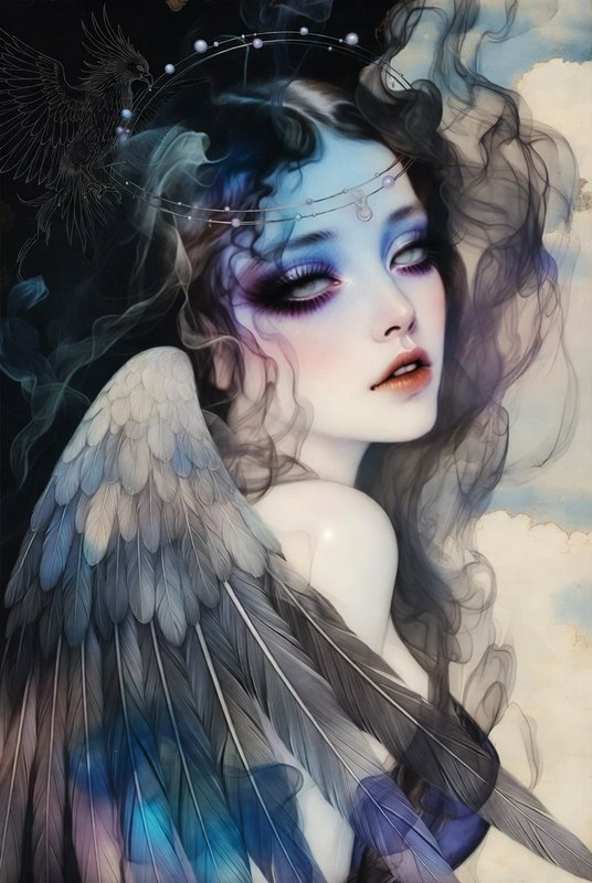 Dreamy fantasy portrait of a winged girl with smoky hair and a delicate halo