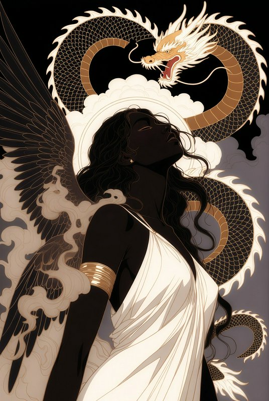 Silhouetted woman in a flowing white dress with a golden dragon and wings behind her.