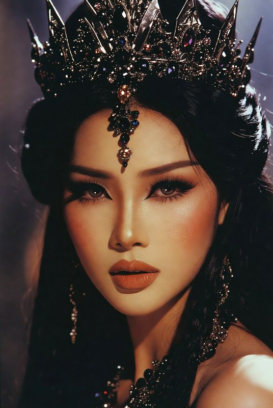 Close-up of a regal woman wearing a jeweled crown and ornate jewelry with dramatic makeup.