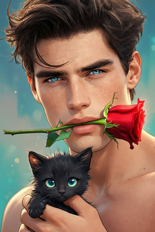 Stylized portrait of a man with blue eyes holding a red rose in his mouth and a black kitten.