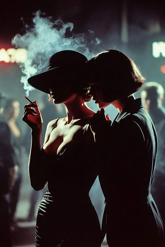 Silhouetted woman in a wide-brim hat smoking a cigarette at a dim nightclub.