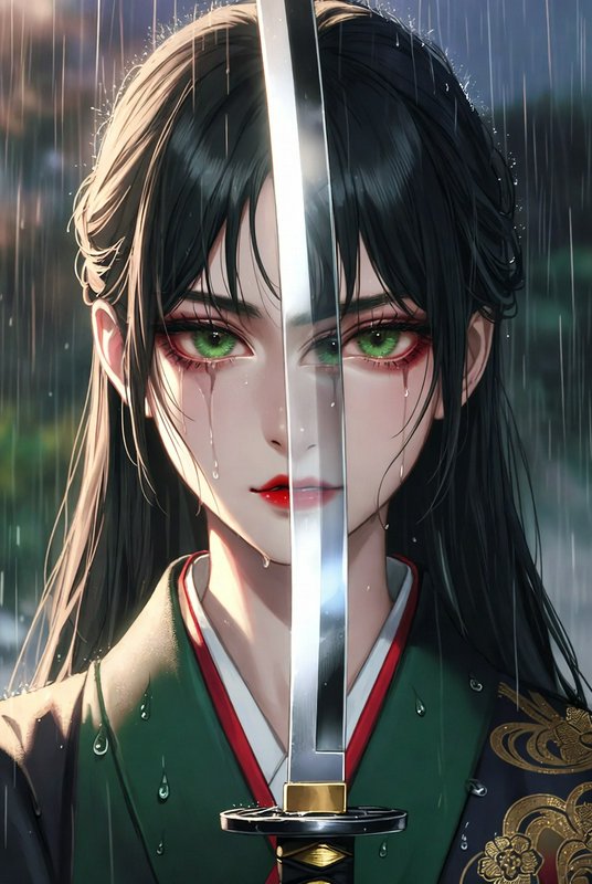 Anime-style woman with a sword splitting her face, rain-soaked, green eyes, and ornate green kimono.
