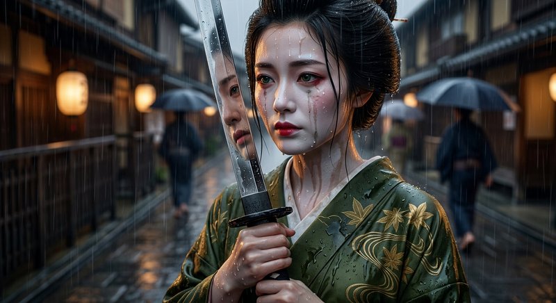 Young woman in a green floral kimono, rain-soaked, holding a sword on a narrow, lit street.