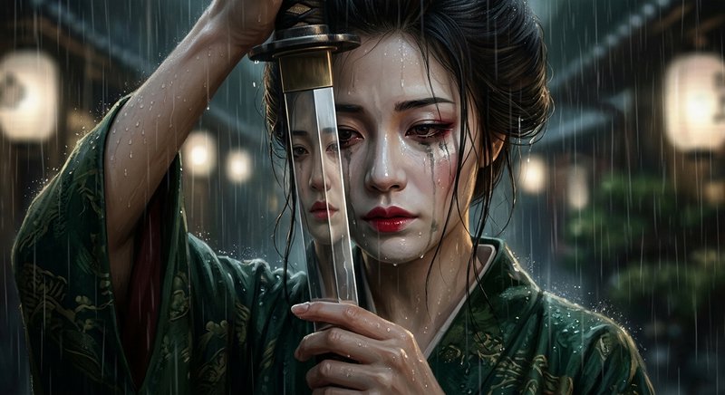 A rain-soaked woman in a green kimono holds a sword blade to her face in a dramatic portrait.