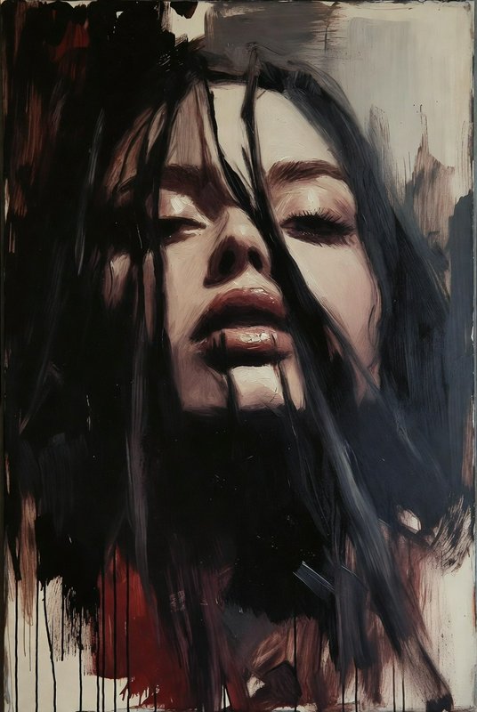 Close-up abstract portrait of a woman with dark hair and moody brushstroke details.