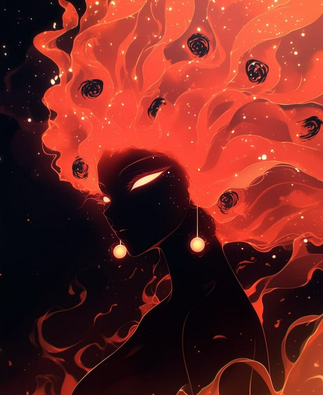 Silhouette with fiery flowing hair, glowing eyes, and rose accents in a dark, molten-red backdrop.