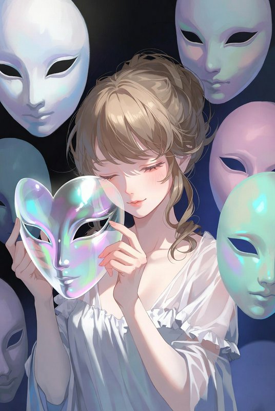 A young woman in a white dress holding an iridescent masquerade mask among floating pale masks.