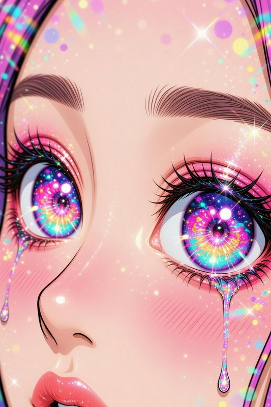 Close-up anime-style face with rainbow glittery eyes and teardrops.