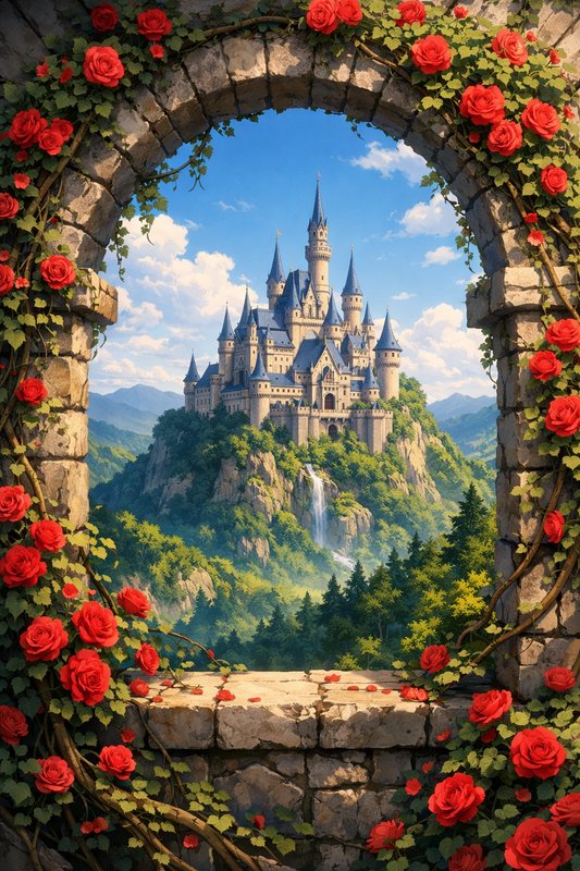 Stone archway framed by red roses overlooking a fairy-tale castle atop a lush hill.