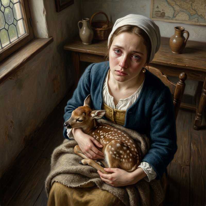 Young girl in a white headscarf holds a fawn on her lap in a rustic, dimly lit room by a window.