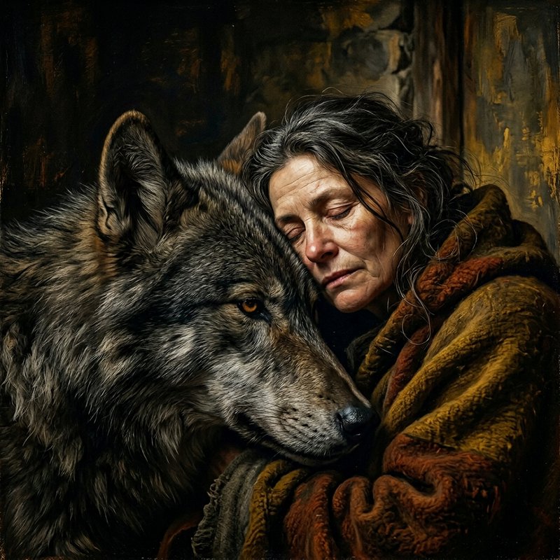 A weathered woman hugs a large gray wolf inside a rustic shelter.