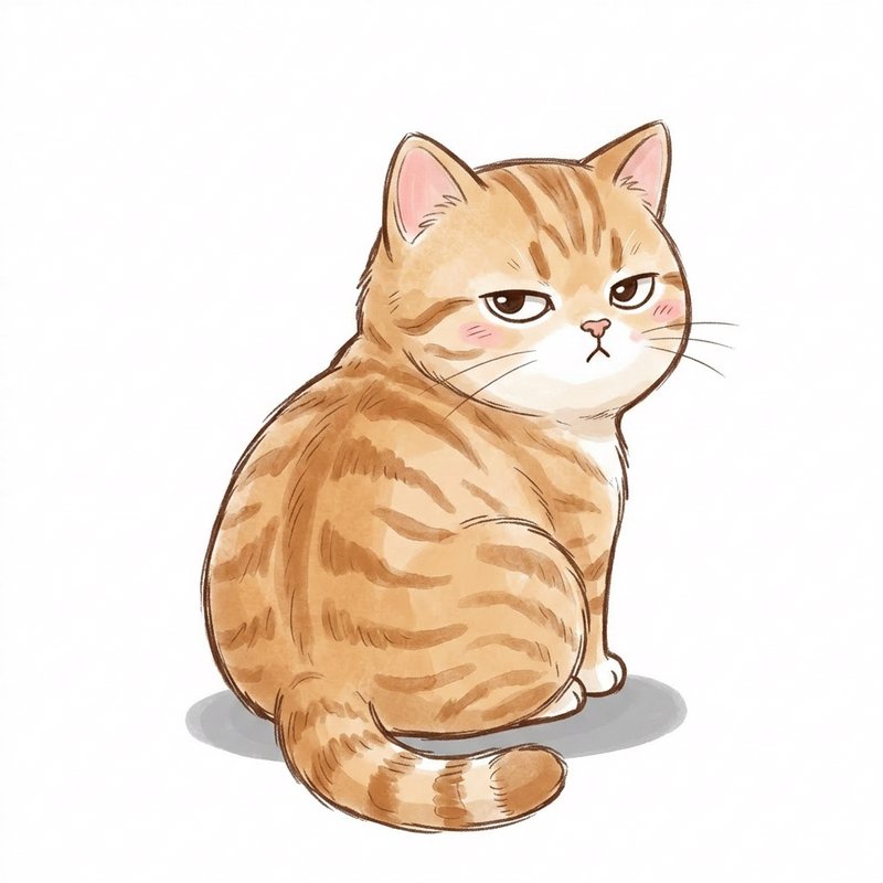 Illustrated orange tabby cat sitting with striped fur, pink ears, and a calm, aloof expression.