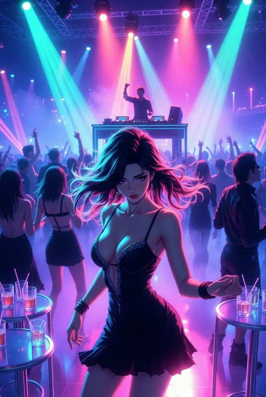 Stylized nightclub scene with a glamorous woman in a black dress dancing in the foreground under neon lights.