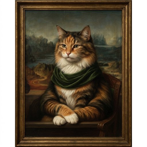 Portrait of a fluffy cat with a green scarf, seated like a classical oil painting.
