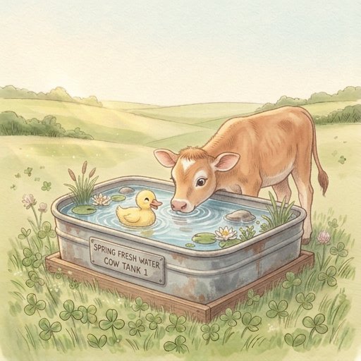 Brown cow drinking from a metal trough with a yellow duck floating in the water in a sunny meadow.