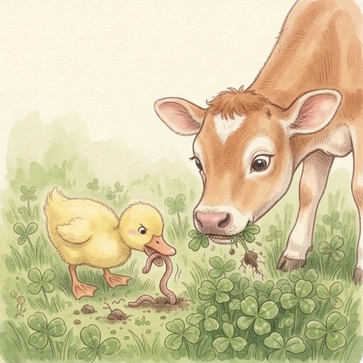 Watercolor-style cow and yellow chick in a clover field with a small worm.