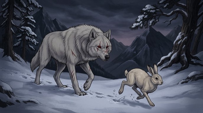 White wolf with red eyes stalking a rabbit in a snowy mountain landscape at dusk.