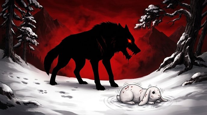 Dark wolf silhouette with red eyes stalking a white rabbit in a snowy forest.