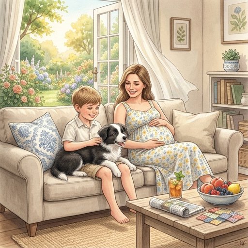 Pregnant woman on a sofa with a smiling boy and a black-and-white puppy in a bright, cozy living ...