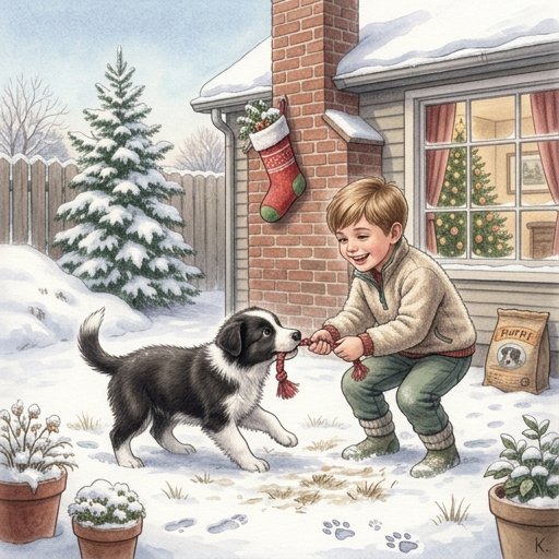 A smiling boy in a beige sweater plays tug-of-war with a black-and-white puppy in a snowy yard.