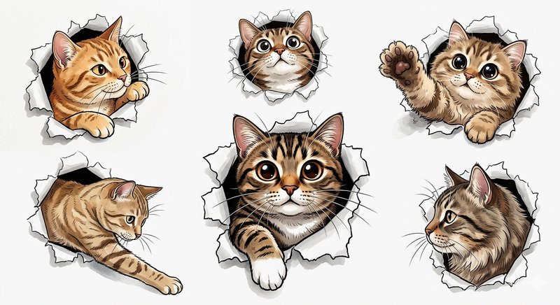 Six cartoon kittens peeking through torn paper holes on a white background.