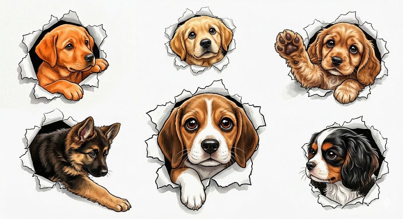 Collage of six illustrated puppies peeking through torn paper holes.