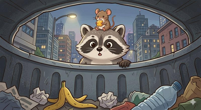 Curious raccoon peeks from a city trash can with a mouse on its head eating cheese.