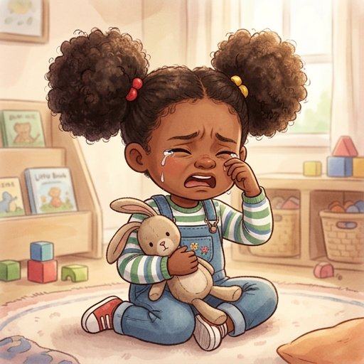 Young girl with two puffy buns crying, holding a stuffed bunny in a cozy playroom.