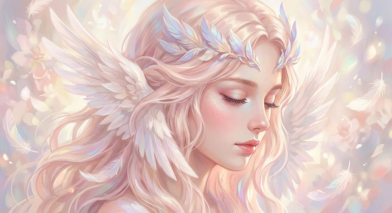 Ethereal angelic woman with feathered wings and pastel glow, serene profile in fantasy art