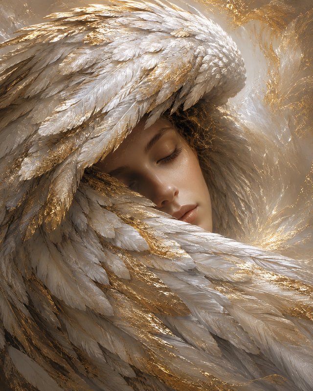 Close-up portrait of a serene woman wrapped in white and gold feather wings.