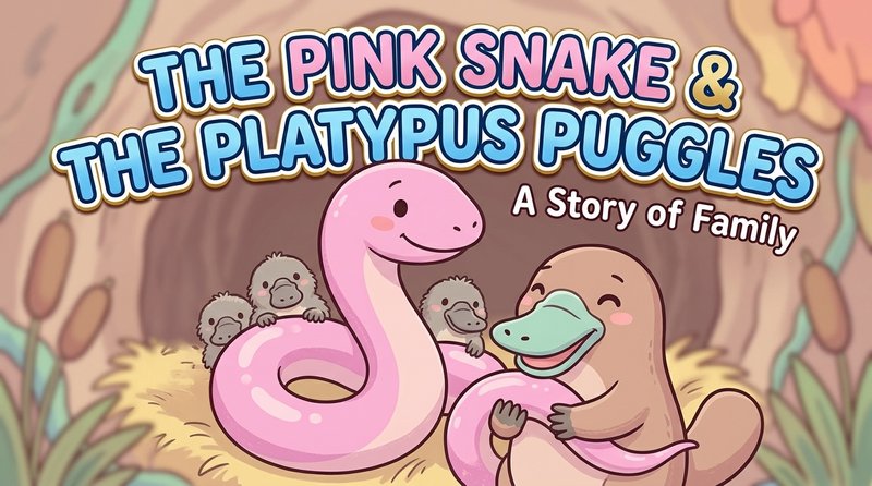 Cartoon cover featuring a pink snake and a platypus with tiny animal babies in a cozy cave setting.