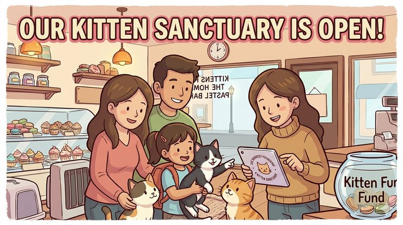 Family at a kitten sanctuary opening, cuddling kittens near a donation jar and pastries.
