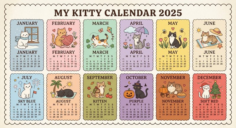 Cute kitten calendar 2025 with twelve pastel month illustrations and playful cat scenes.