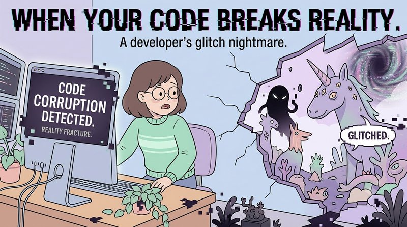Cartoon programmer confronting a glitch portal with dragons and monsters breaching the office