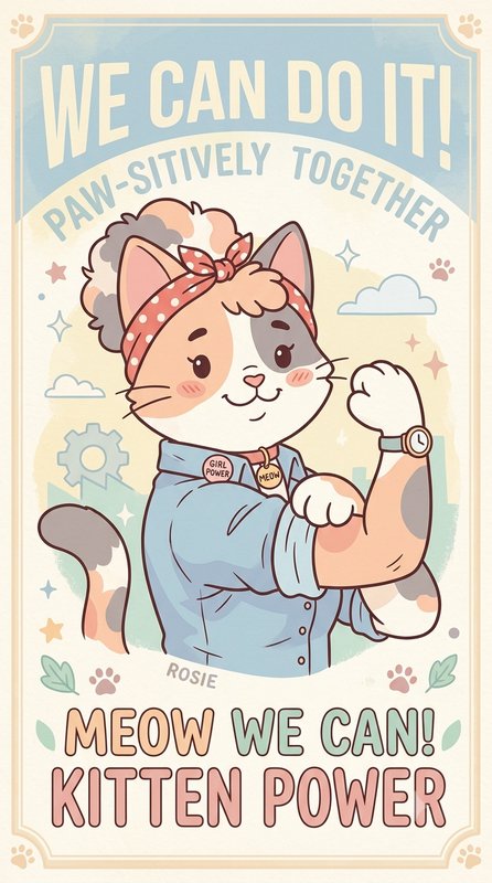 Cartoon cat girl flexing her arm in a retro "We Can Do It" style poster.
