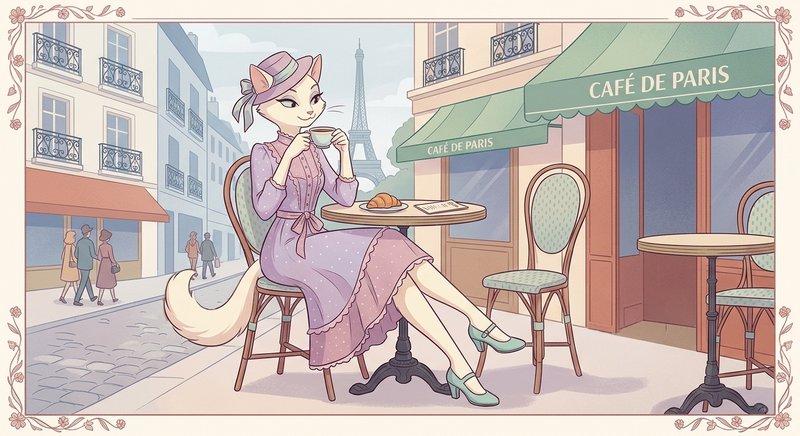 Cat character in a lavender dress and hat sits at a Parisian outdoor café, sipping coffee with th...